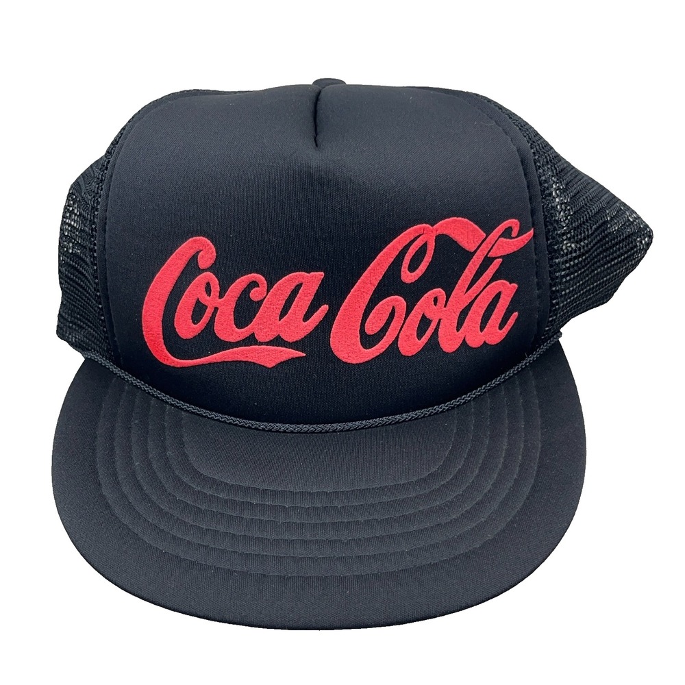 Vintage Coca Cola Trucker Hat Cap Snapback Black Red Rope Soda Pop Promo 90s Y2K
